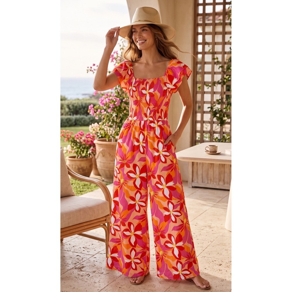 Peach Love California Floral Smocked Wide Leg Jumpsuit Pink Orange Small
